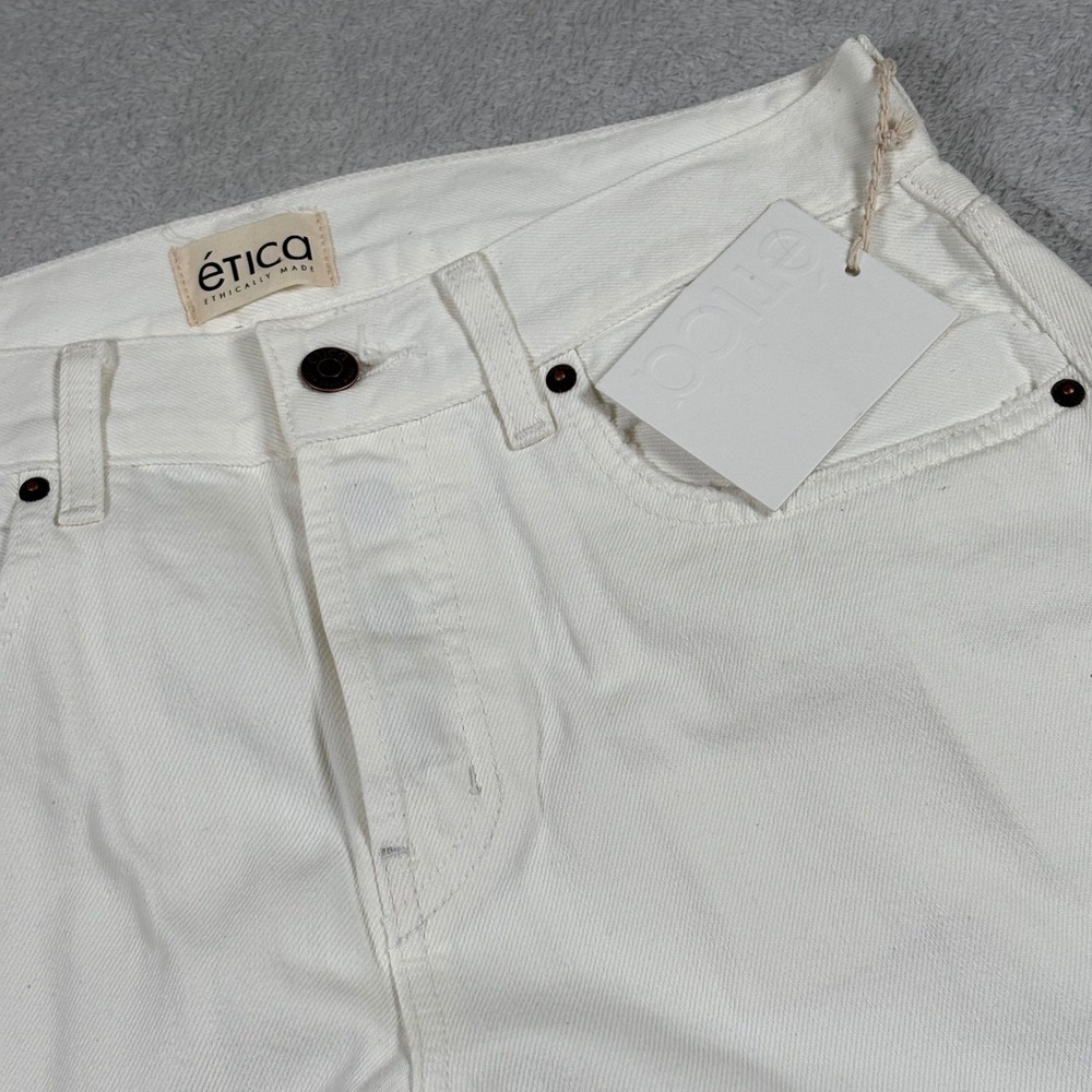 Etica Amis Mid Rise Boy Boot Cut Jeans Vintage White Ripped Raw Hem Size 28